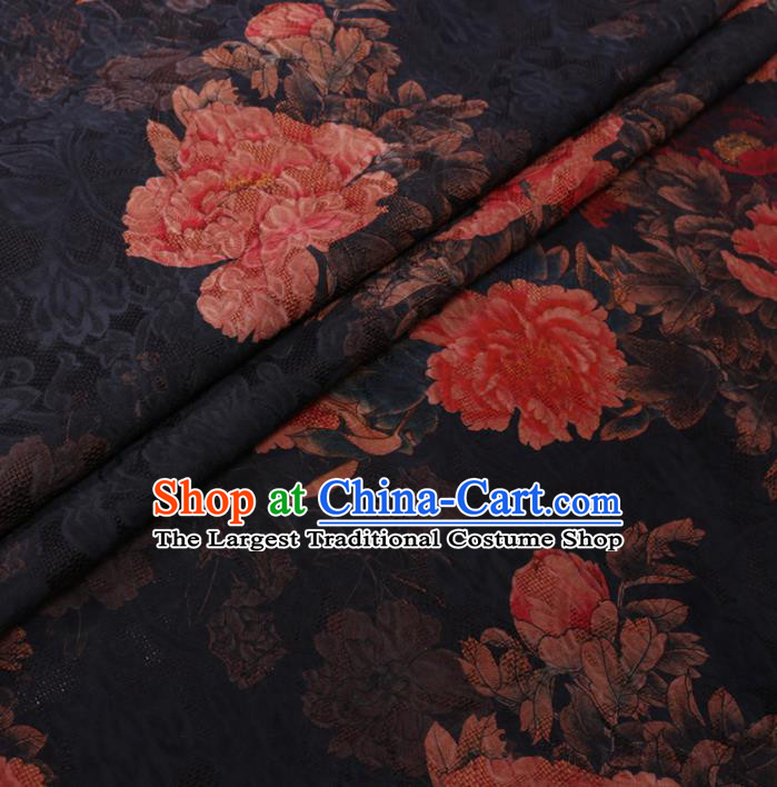 Chinese Cheongsam Classical Peony Pattern Design Black Watered Gauze Fabric Asian Traditional Silk Material
