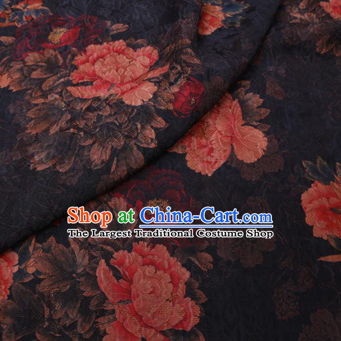 Chinese Cheongsam Classical Peony Pattern Design Black Watered Gauze Fabric Asian Traditional Silk Material