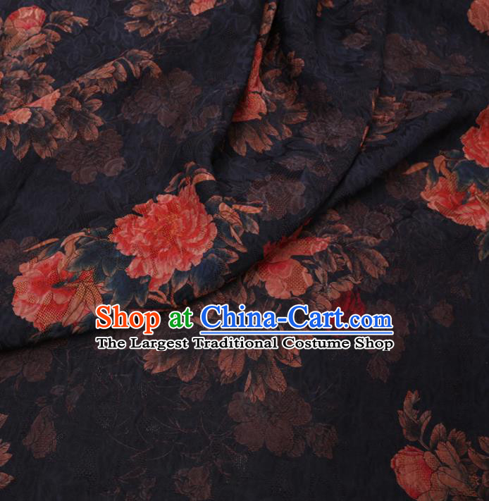 Chinese Cheongsam Classical Peony Pattern Design Black Watered Gauze Fabric Asian Traditional Silk Material