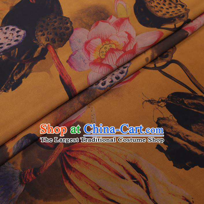 Chinese Cheongsam Classical Lotus Pattern Design Yellow Watered Gauze Fabric Asian Traditional Silk Material