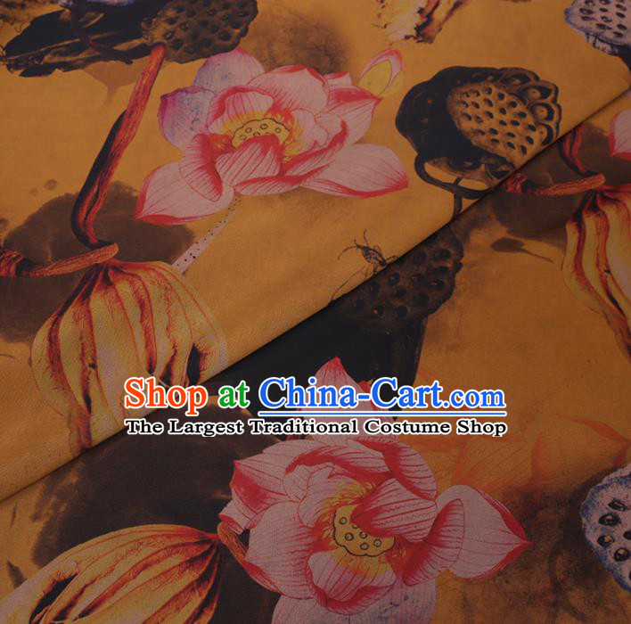 Chinese Cheongsam Classical Lotus Pattern Design Yellow Watered Gauze Fabric Asian Traditional Silk Material