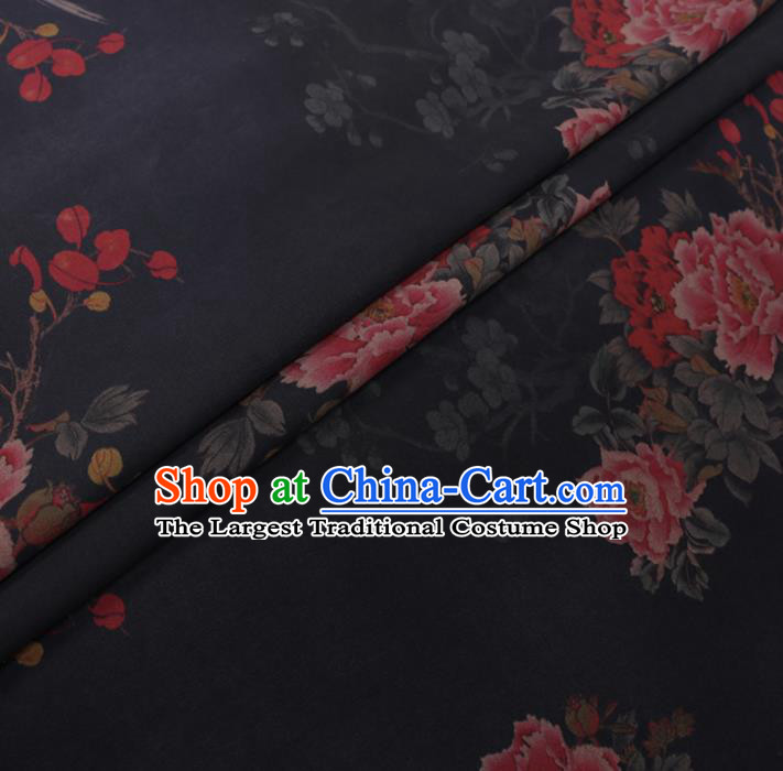 Chinese Cheongsam Classical Peony Bird Pattern Design Black Watered Gauze Fabric Asian Traditional Silk Material