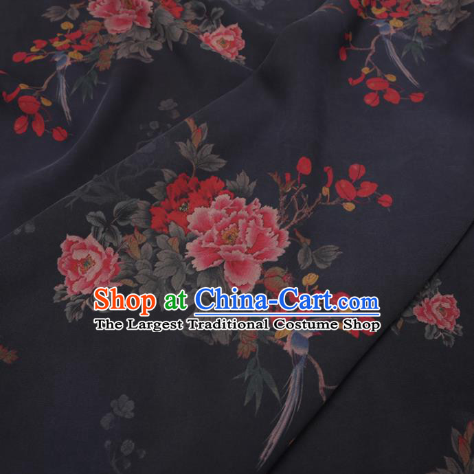 Chinese Cheongsam Classical Peony Bird Pattern Design Black Watered Gauze Fabric Asian Traditional Silk Material