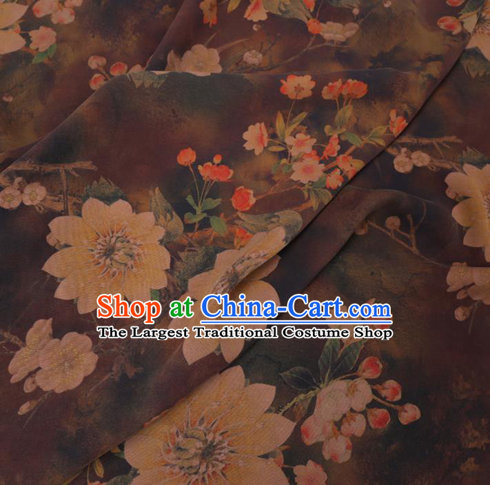 Chinese Cheongsam Classical Pear Flowers Pattern Design Brown Watered Gauze Fabric Asian Traditional Silk Material
