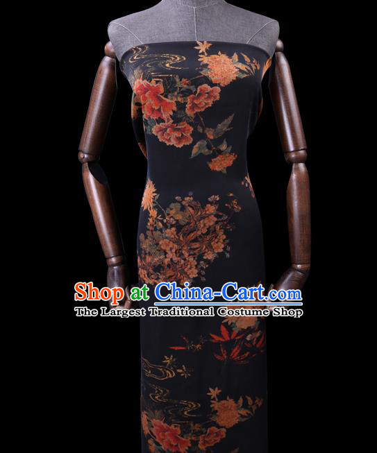 Chinese Cheongsam Classical Phoenix Peony Pattern Design Black Watered Gauze Fabric Asian Traditional Silk Material