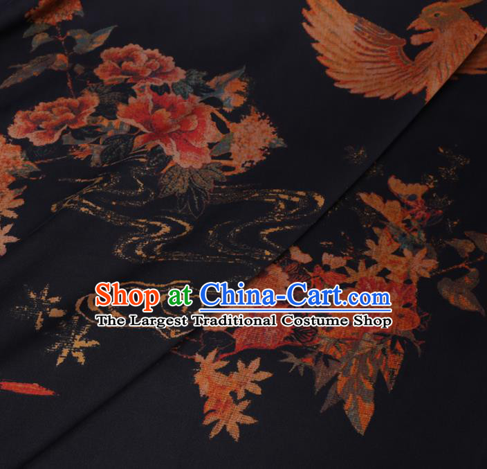 Chinese Cheongsam Classical Phoenix Peony Pattern Design Black Watered Gauze Fabric Asian Traditional Silk Material