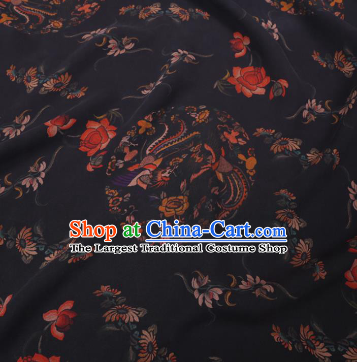 Chinese Cheongsam Classical Phoenix Peony Pattern Design Black Watered Gauze Fabric Asian Traditional Silk Material