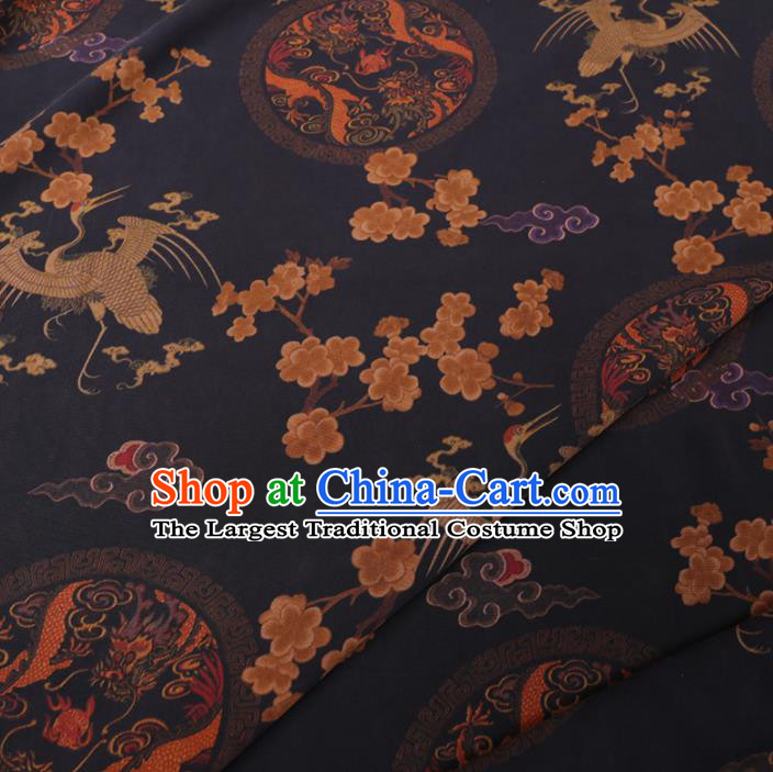 Chinese Cheongsam Classical Crane Plum Pattern Design Black Watered Gauze Fabric Asian Traditional Silk Material