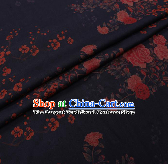 Chinese Cheongsam Classical Roses Pattern Design Navy Blue Watered Gauze Fabric Asian Traditional Silk Material