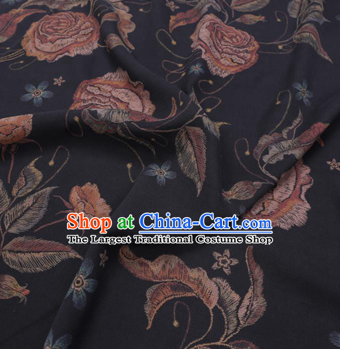 Chinese Cheongsam Classical Rose Flowers Pattern Design Black Watered Gauze Fabric Asian Traditional Silk Material