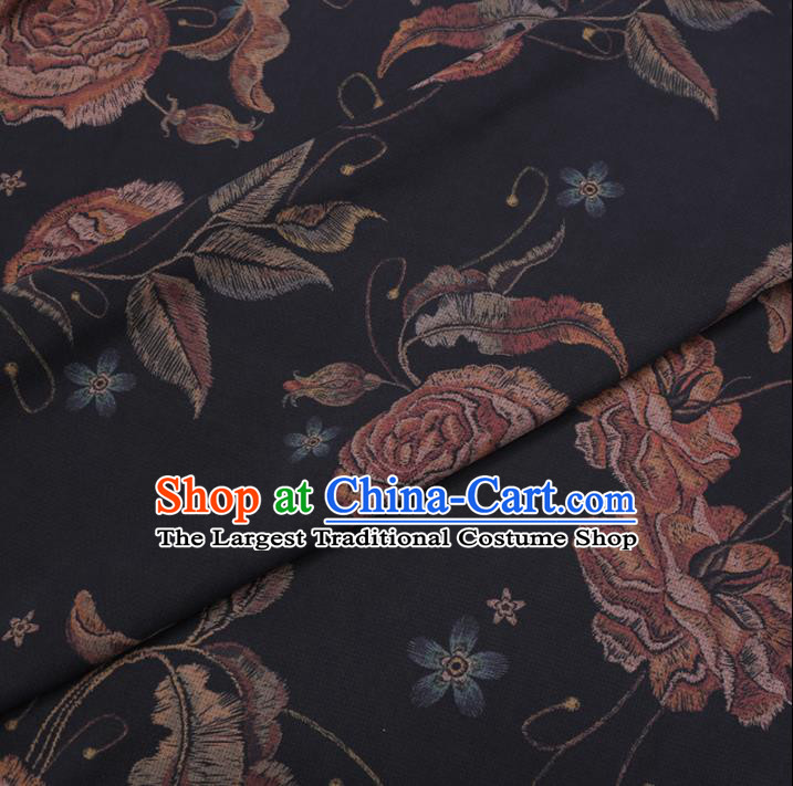Chinese Cheongsam Classical Rose Flowers Pattern Design Black Watered Gauze Fabric Asian Traditional Silk Material