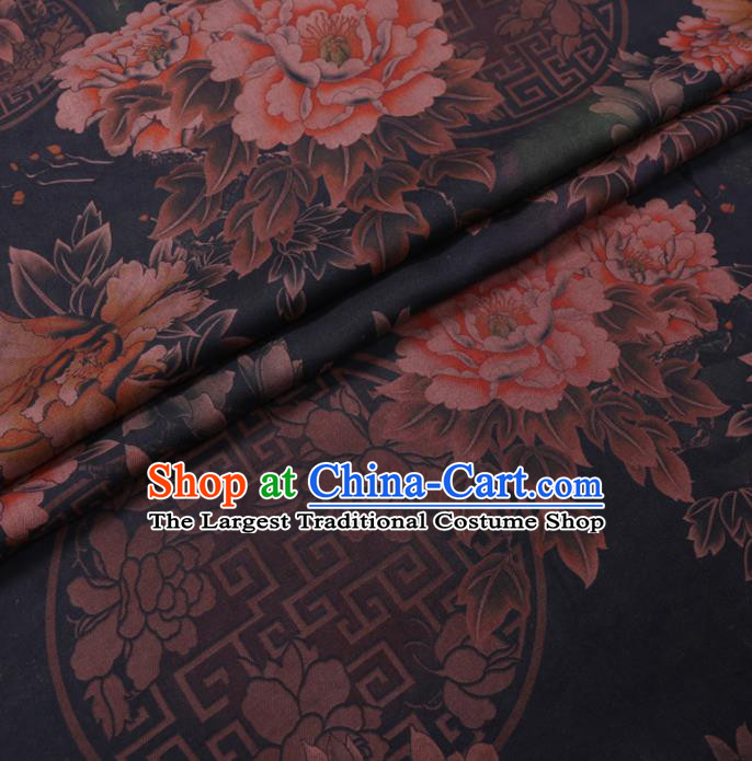 Chinese Cheongsam Classical Rich Peony Pattern Design Black Watered Gauze Fabric Asian Traditional Silk Material