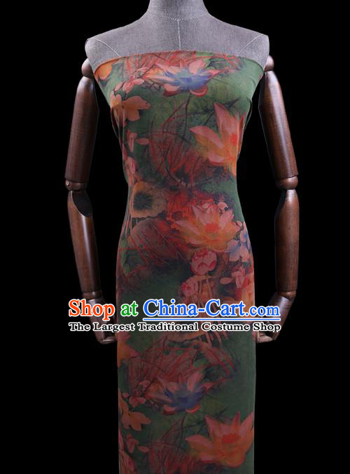 Chinese Cheongsam Classical Lotus Pattern Design Green Watered Gauze Fabric Asian Traditional Silk Material
