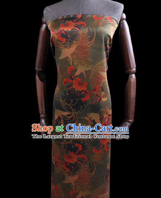 Chinese Cheongsam Classical Crane Peony Pattern Design Green Watered Gauze Fabric Asian Traditional Silk Material