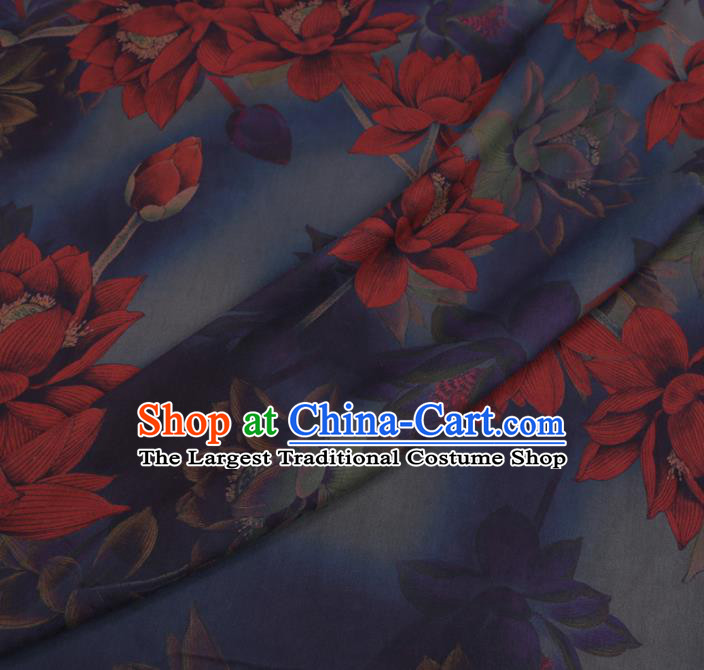 Chinese Cheongsam Classical Red Lotus Pattern Design Blue Watered Gauze Fabric Asian Traditional Silk Material