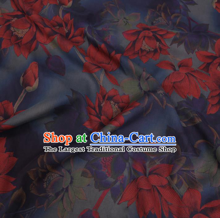 Chinese Cheongsam Classical Red Lotus Pattern Design Blue Watered Gauze Fabric Asian Traditional Silk Material