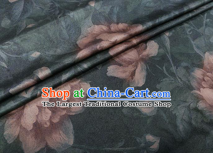Chinese Cheongsam Classical Lotus Flowers Pattern Design Dark Green Watered Gauze Fabric Asian Traditional Silk Material