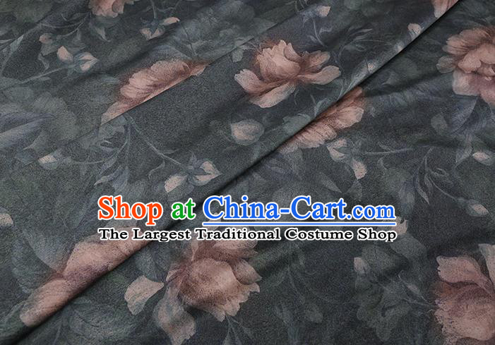 Chinese Cheongsam Classical Lotus Flowers Pattern Design Dark Green Watered Gauze Fabric Asian Traditional Silk Material