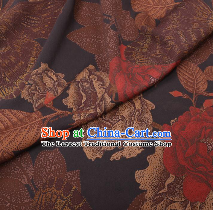Chinese Cheongsam Classical Peony Flowers Pattern Design Black Watered Gauze Fabric Asian Traditional Silk Material