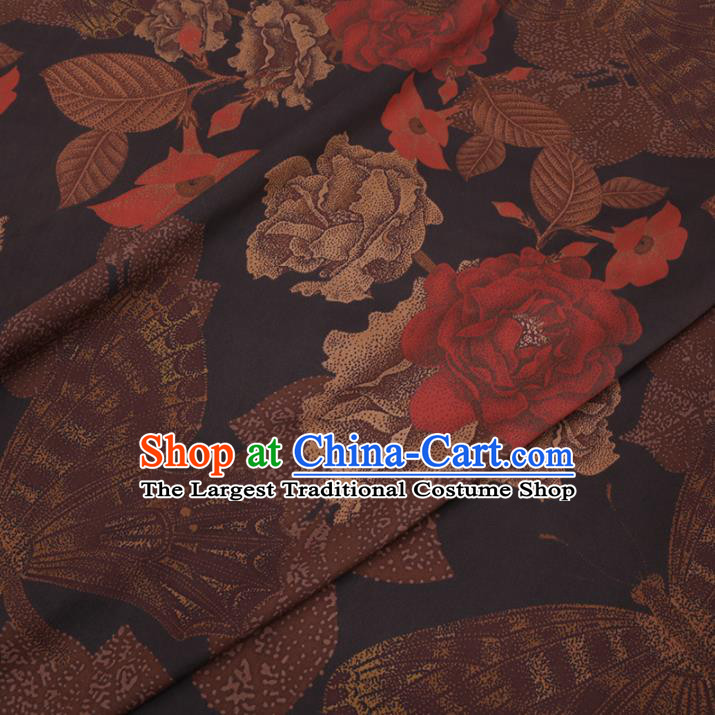 Chinese Cheongsam Classical Peony Flowers Pattern Design Black Watered Gauze Fabric Asian Traditional Silk Material