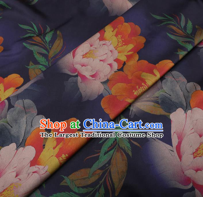 Chinese Cheongsam Classical Peony Pattern Design Navy Blue Watered Gauze Fabric Asian Traditional Silk Material