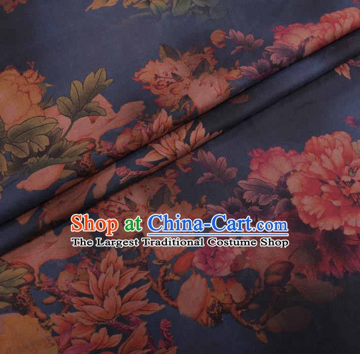 Chinese Cheongsam Classical Peony Magnolia Pattern Design Navy Watered Gauze Fabric Asian Traditional Silk Material