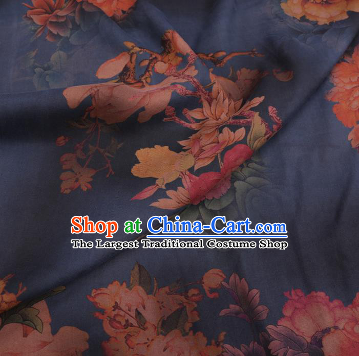 Chinese Cheongsam Classical Peony Magnolia Pattern Design Navy Watered Gauze Fabric Asian Traditional Silk Material