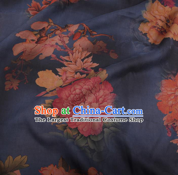 Chinese Cheongsam Classical Peony Magnolia Pattern Design Navy Watered Gauze Fabric Asian Traditional Silk Material