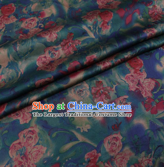 Chinese Cheongsam Classical Roses Pattern Design Blue Watered Gauze Fabric Asian Traditional Silk Material