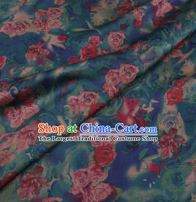 Chinese Cheongsam Classical Roses Pattern Design Blue Watered Gauze Fabric Asian Traditional Silk Material