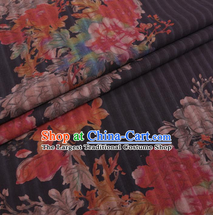 Chinese Cheongsam Classical Magnolia Peony Pattern Design Black Watered Gauze Fabric Asian Traditional Silk Material