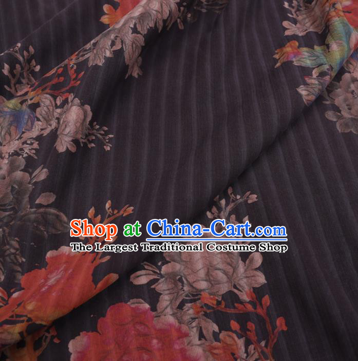 Chinese Cheongsam Classical Magnolia Peony Pattern Design Black Watered Gauze Fabric Asian Traditional Silk Material