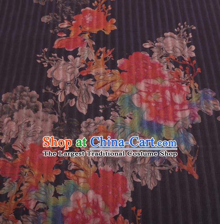 Chinese Cheongsam Classical Magnolia Peony Pattern Design Black Watered Gauze Fabric Asian Traditional Silk Material