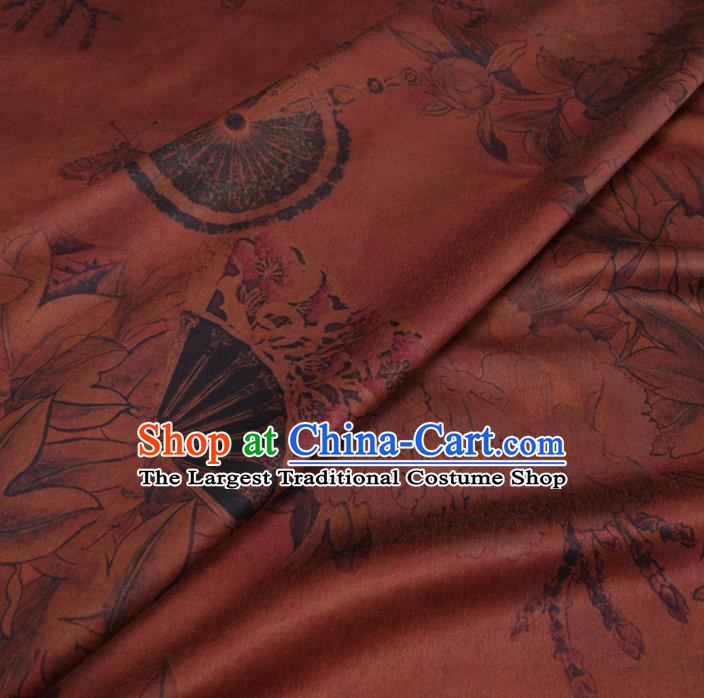 Chinese Cheongsam Classical Peony Fan Pattern Design Rust Red Watered Gauze Fabric Asian Traditional Silk Material