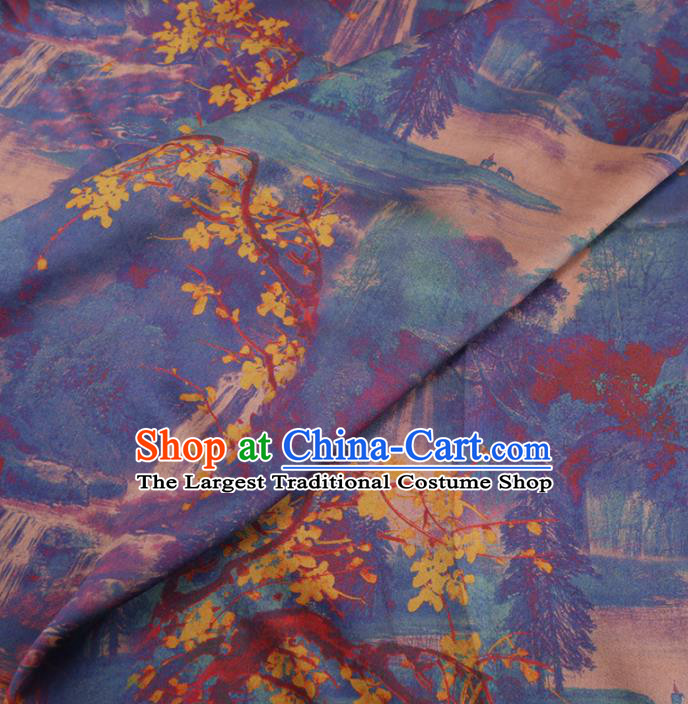 Chinese Cheongsam Classical Landscape Pattern Design Blue Watered Gauze Fabric Asian Traditional Silk Material