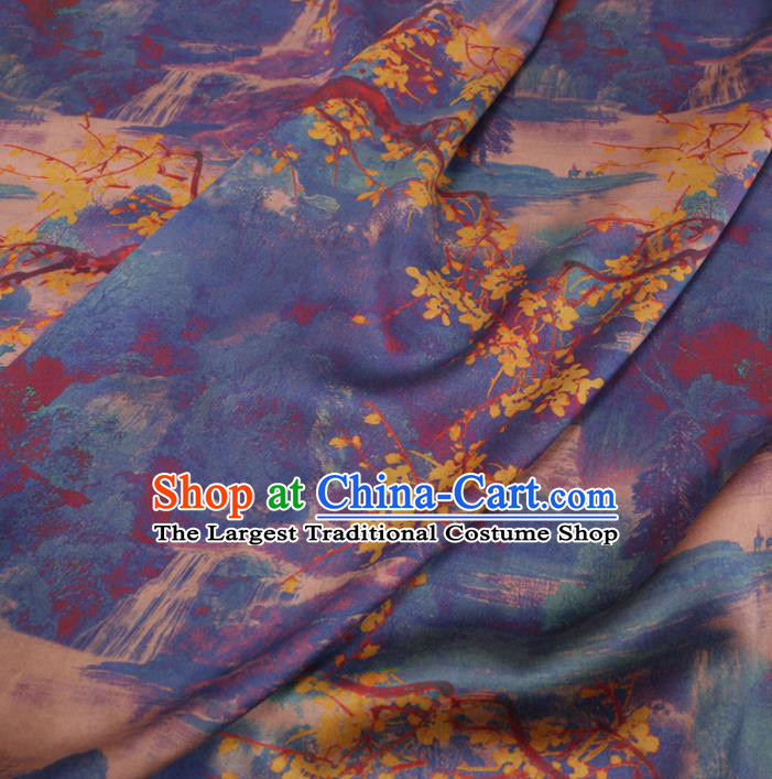 Chinese Cheongsam Classical Landscape Pattern Design Blue Watered Gauze Fabric Asian Traditional Silk Material