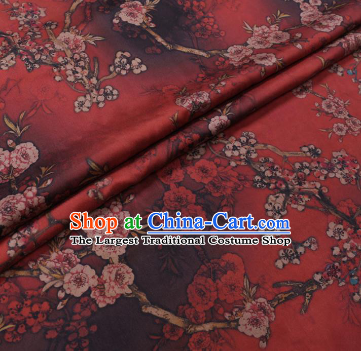 Chinese Cheongsam Classical Plum Pattern Design Dark Red Watered Gauze Fabric Asian Traditional Silk Material