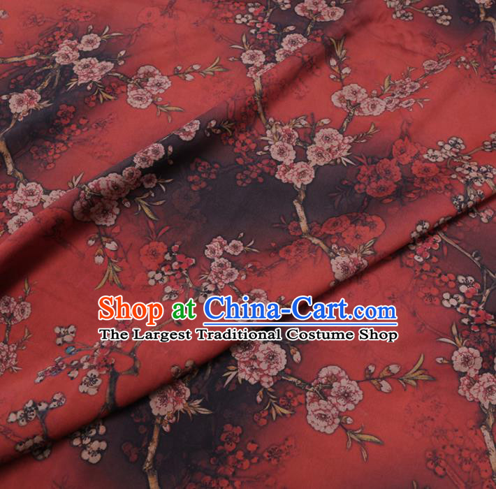 Chinese Cheongsam Classical Plum Pattern Design Dark Red Watered Gauze Fabric Asian Traditional Silk Material