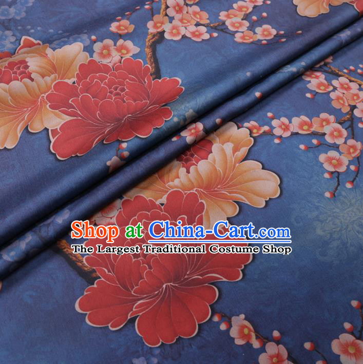 Chinese Cheongsam Classical Peony Plum Pattern Design Blue Watered Gauze Fabric Asian Traditional Silk Material