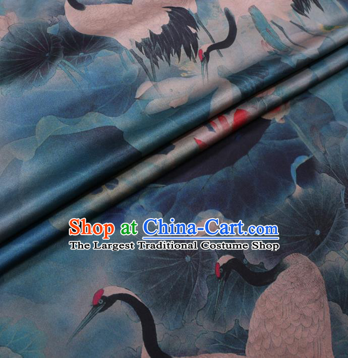 Chinese Cheongsam Classical Cranes Lotus Pattern Design Blue Watered Gauze Fabric Asian Traditional Silk Material
