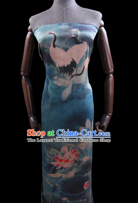 Chinese Cheongsam Classical Cranes Lotus Pattern Design Blue Watered Gauze Fabric Asian Traditional Silk Material