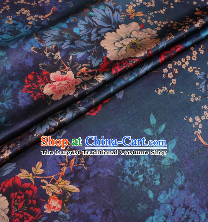 Chinese Cheongsam Classical Plum Peony Pattern Design Peacock Blue Watered Gauze Fabric Asian Traditional Silk Material