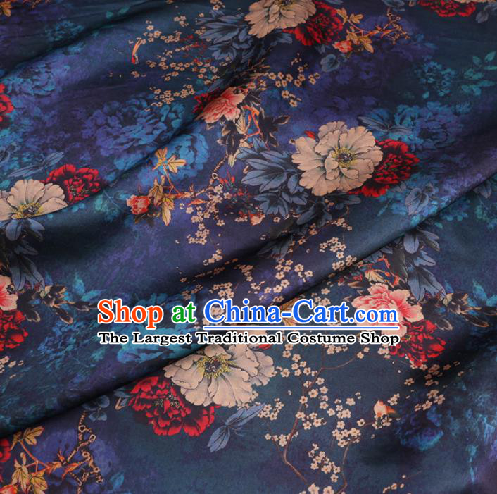 Chinese Cheongsam Classical Plum Peony Pattern Design Peacock Blue Watered Gauze Fabric Asian Traditional Silk Material
