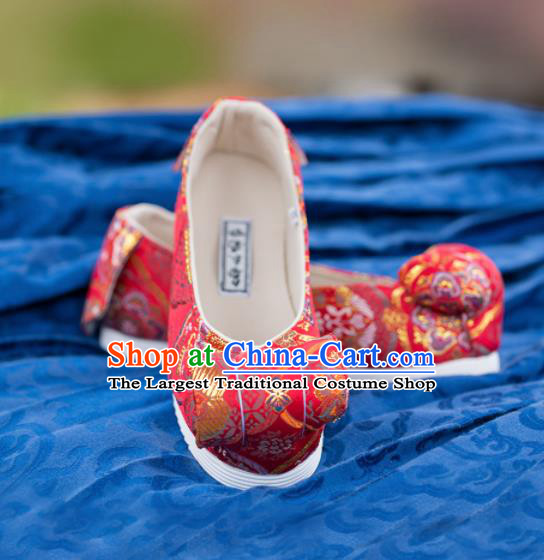 Chinese Traditional Red Brocade Bow Shoes Opera Shoes Hanfu Shoes Wedding Shoes for Women