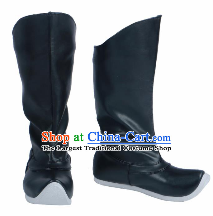 Chinese Traditional Ming Dynasty Black Leather Boots Handmade Hanfu Shoes Ancient Swordsman Shoes for Men