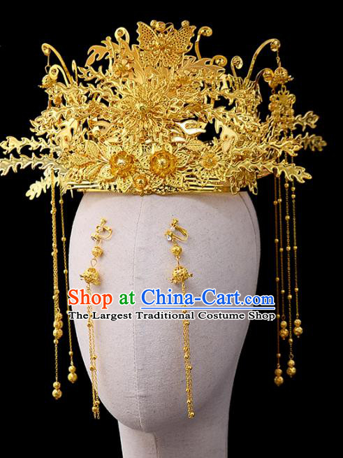 Chinese Traditional Wedding Golden Phoenix Coronet Handmade Bride Hair Accessories for Women