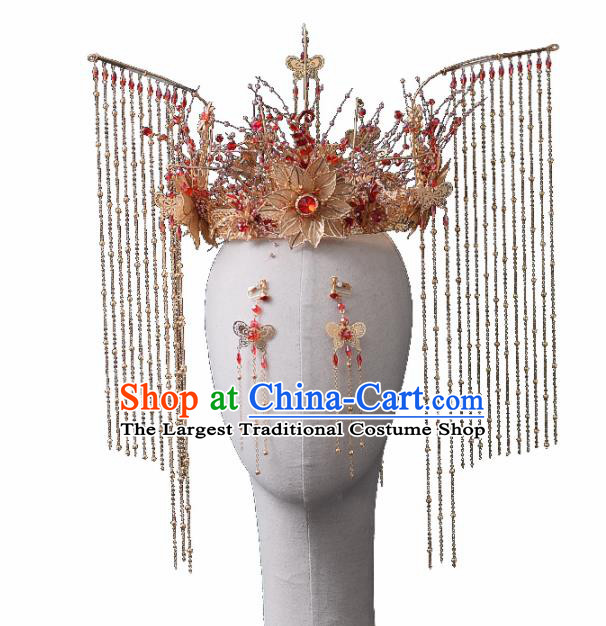 Chinese Traditional Wedding Golden Peony Phoenix Coronet Handmade Bride Hair Accessories for Women