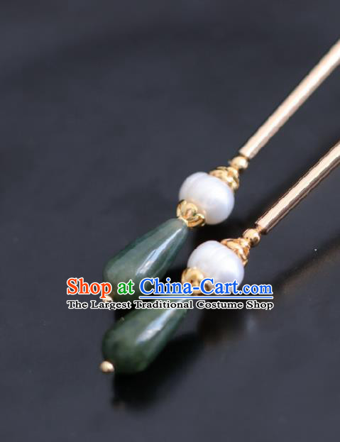 Chinese Handmade Ming Dynasty Queen Green Stone Hairpins Ancient Hanfu Hair Accessories for Women