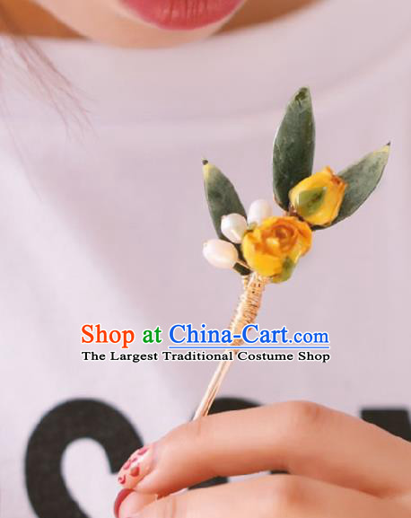 Chinese Handmade Ming Dynasty Princess Yellow Flowers Hairpins Ancient Hanfu Hair Accessories for Women