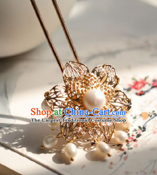 Chinese Handmade Ming Dynasty Queen Pearls Golden Hairpins Ancient Hanfu Hair Accessories for Women